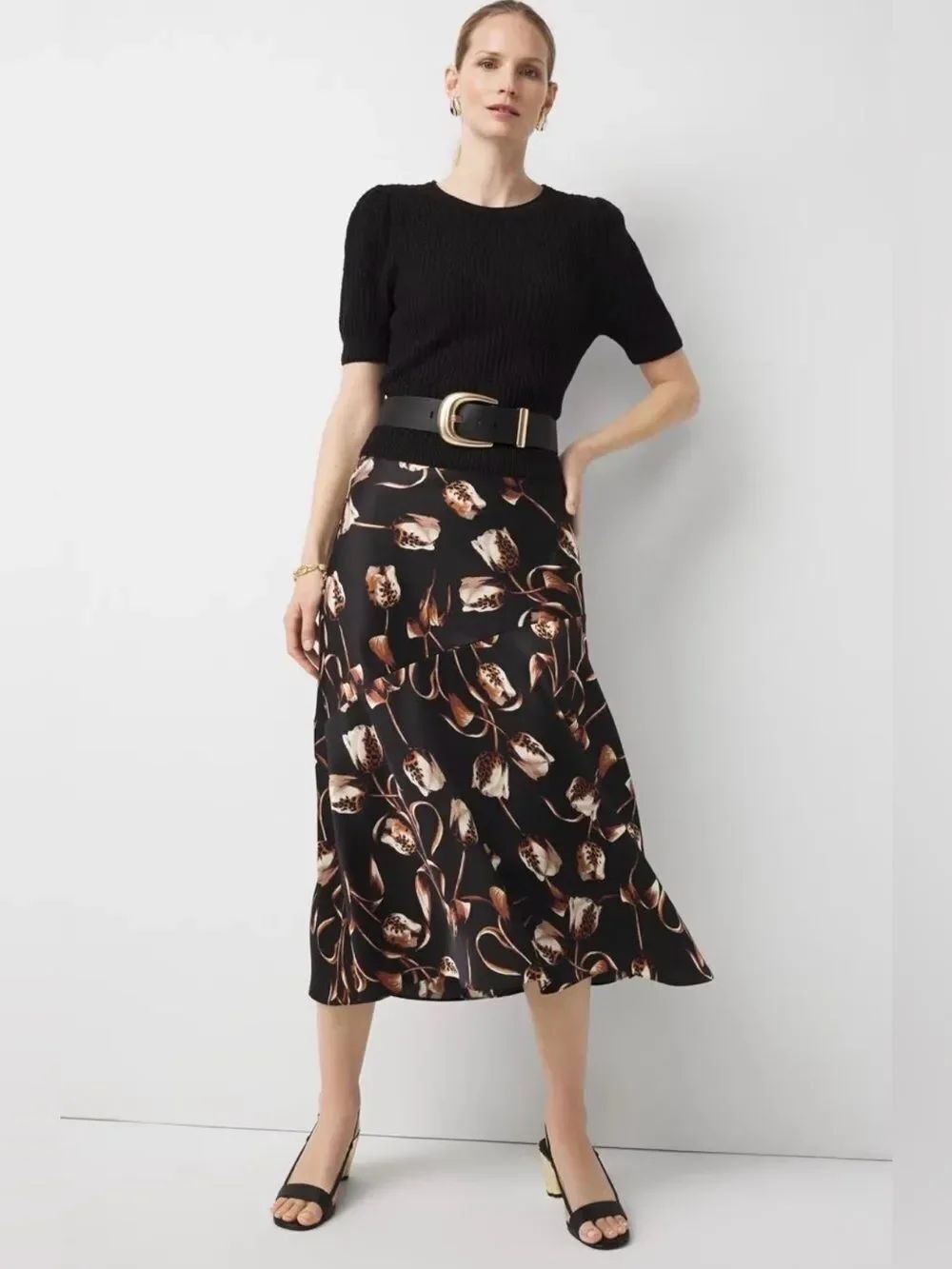 WHBM Brown Ivory Tan Satin Tulip Satin Midi Skirt